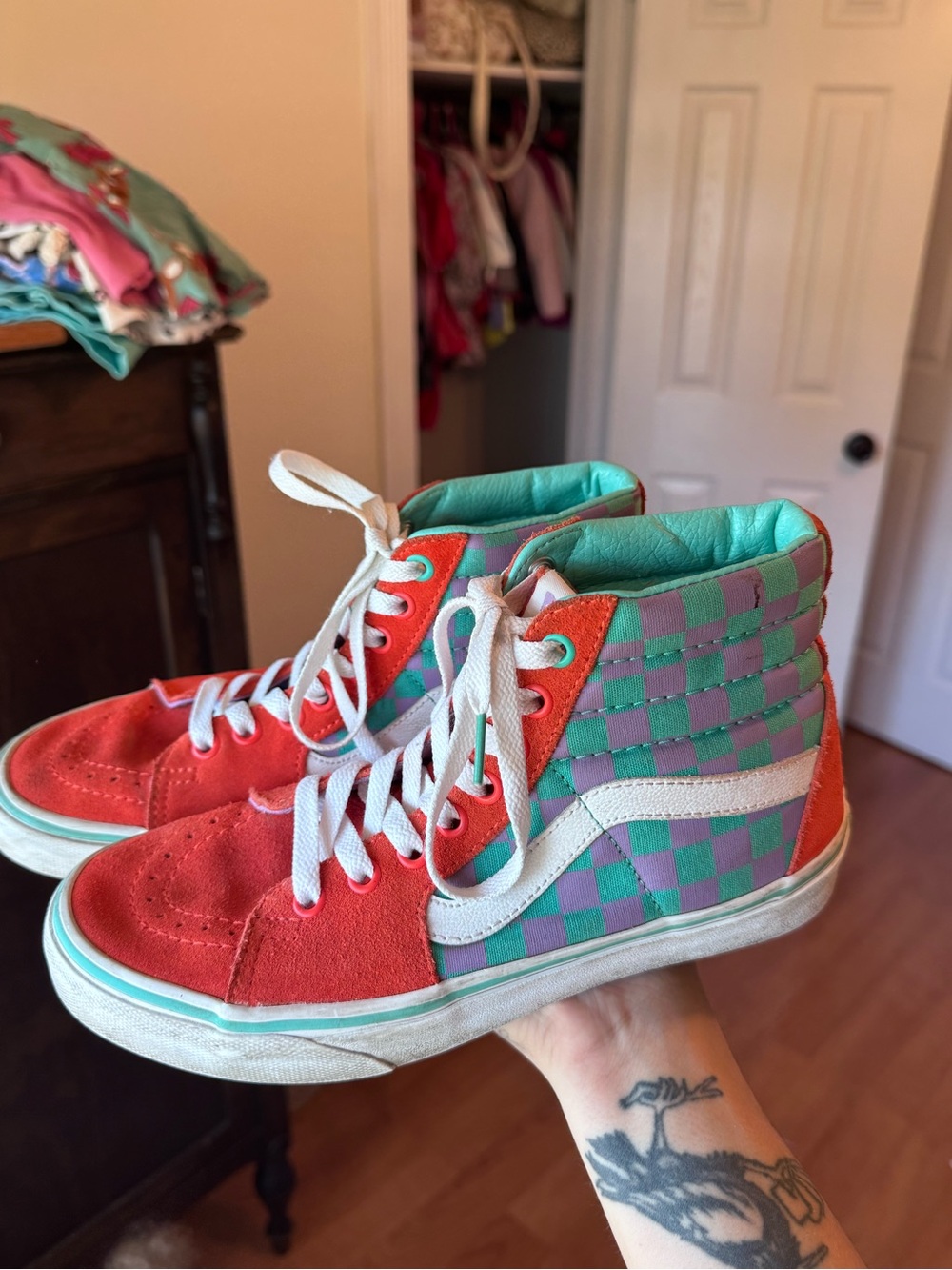 Vans Kids High-Top Checkerboard Sneakers in Coral and Teal